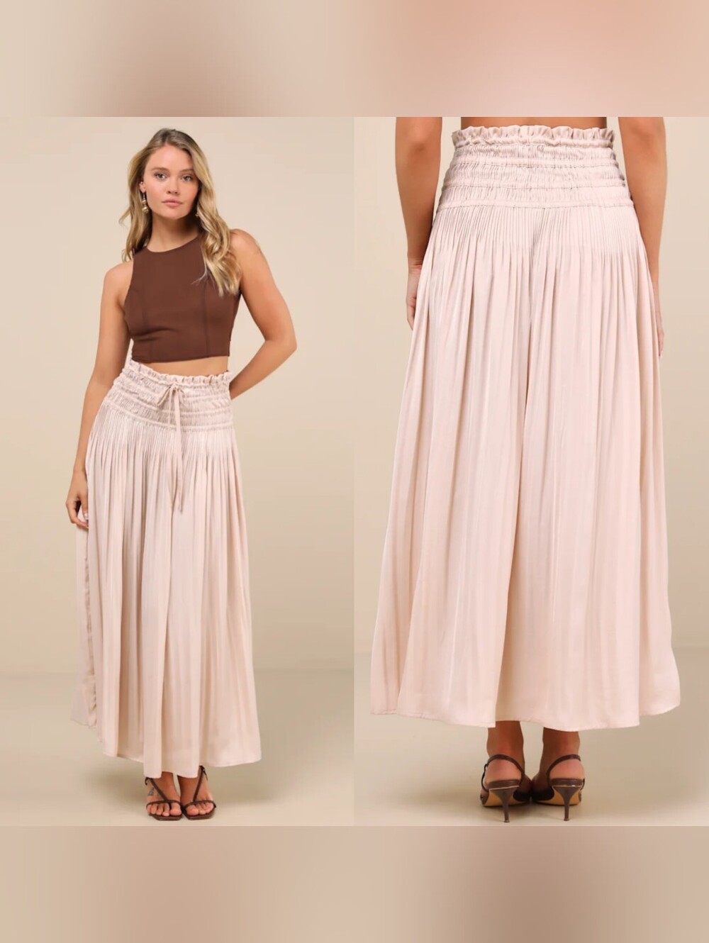 Lulus Maina Beige Plisse Drawstring High-Rise Maxi Skirt XS Party Vacation Boho
